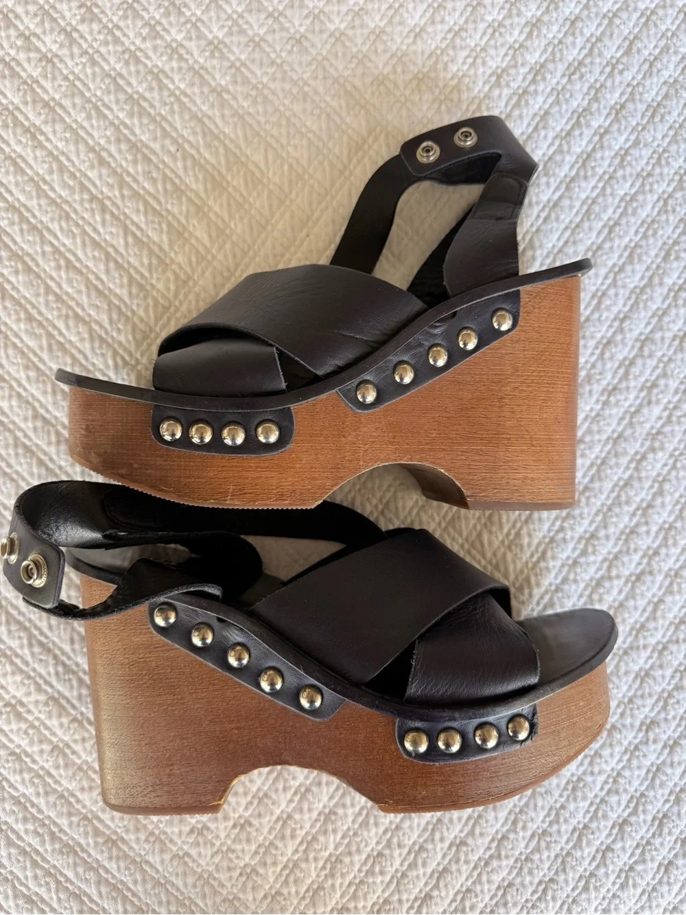 rag & bone Navy Blue Leather Cross-Strap Wooden Clog Wedges